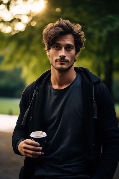 Hübscher junger Mann mit einer Kaffeetasse in der Hand, Fotografie zum internationalen Kaffeetag