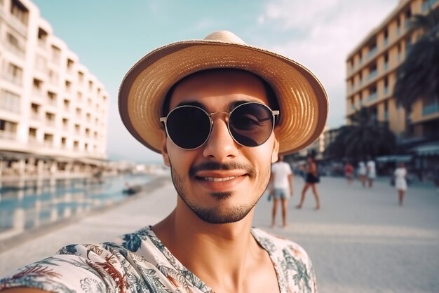 Hübscher junger Mann mit Hut und Sonnenbrille, der ein Selfie mit dem Smartphone auf dem Pier macht. Generative KI