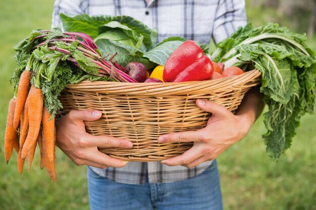 Hübscher Landwirt mit Korb von veg