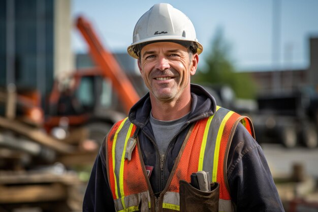 Hübscher männlicher Bauarbeiter, der vor dem Hintergrund des Labor Day-Konstrukteurs auf der Baustelle lächelt