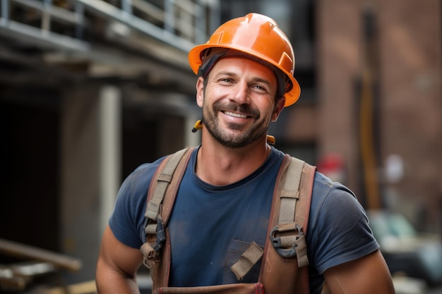 Hübscher männlicher Bauarbeiter, der vor dem Hintergrund des Labor Day-Konstrukteurs auf der Baustelle lächelt