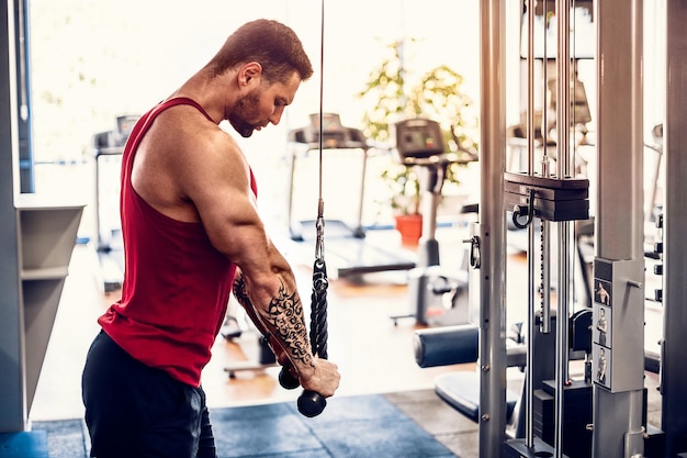 Hübscher Muskel-Eignungs-Bodybuilder, der Schwergewichts- Übung für Trizeps tut