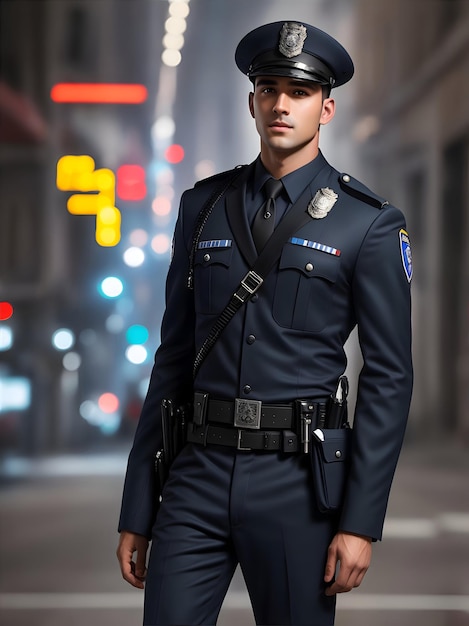 Hübscher Polizist, der durch die Stadt spaziert, generativ