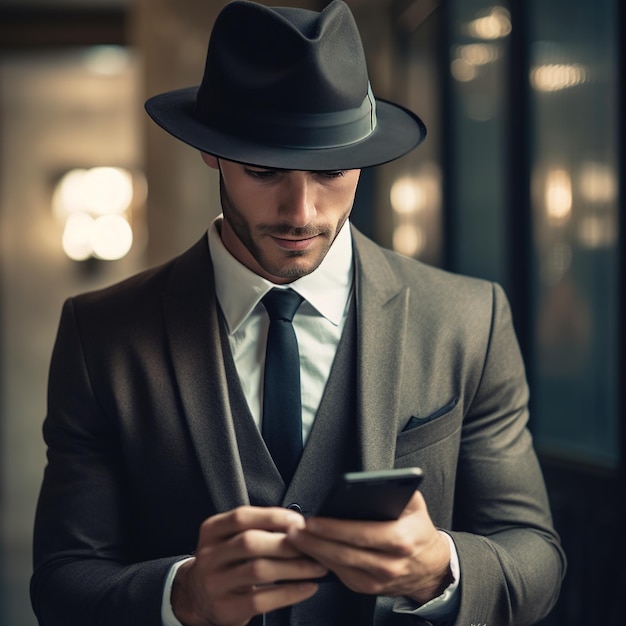 Hübscher und eleganter Mann mit Hut, der mit seinem Smartphone herumfummelt