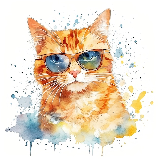 Hübsches Aquarellporträt einer rothaarigen Katze mit Sonnenbrille Generiert ai