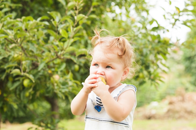 Hübsches kleines Mädchen, das einen Apfel in der Hand hält und unter dem Apfelbaum steht