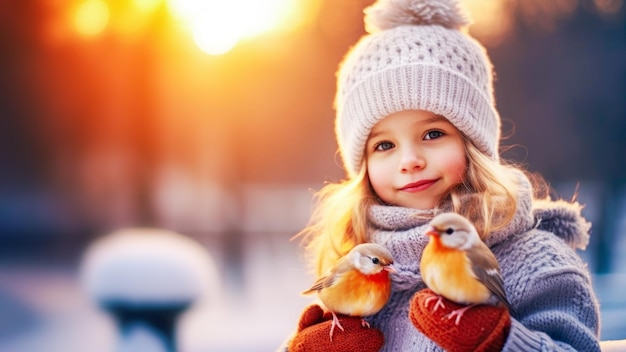 Hübsches kleines Mädchen in Winterkleidung mit zwei Gimpelvögeln auf winterlichem Landschaftshintergrund