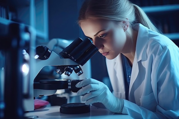 Hübsches Mädchen in einem weißen Arztkittel, das in Nahaufnahme hinter einem Mikroskop sitzt