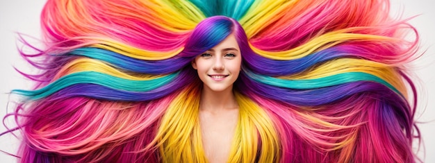 Hübsches Mädchen mit bunten Haaren Junge lächelnde Europäerin mit hellem Make-up und regenbogengefärbter Frisur Viele farbige, flatternde Locken Professioneller Haarschnitt und Färben Generative KI