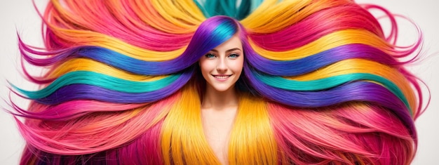 Hübsches Mädchen mit bunten Haaren Junge lächelnde Europäerin mit hellem Make-up und regenbogengefärbter Frisur Viele farbige, flatternde Locken Professioneller Haarschnitt und Färben Generative KI