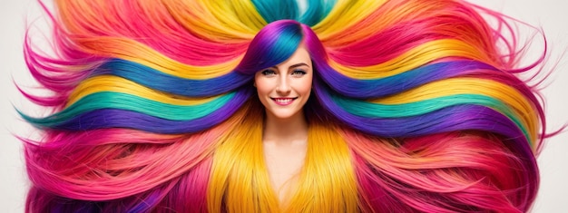 Hübsches Mädchen mit bunten Haaren Junge lächelnde Europäerin mit hellem Make-up und regenbogengefärbter Frisur Viele farbige, flatternde Locken Professioneller Haarschnitt und Färben Generative KI