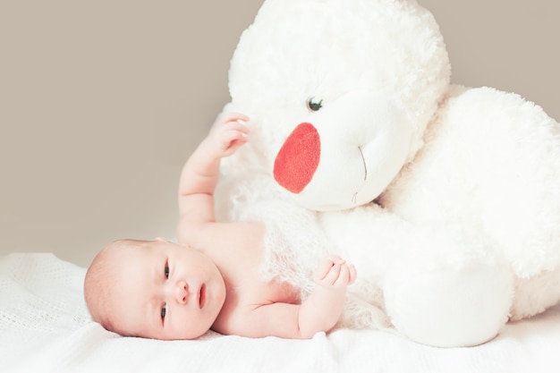 Hübsches neugeborenes Baby mit einem großen Stofftier, das auf der Decke liegt. Foto mit Textfreiraum