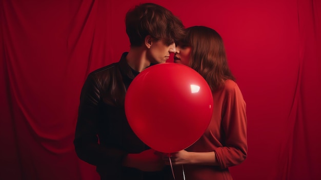 Hübsches Paar genießt den Valentinstagskuss hinter einem roten Ballon in Form eines Herzens. Generative KI