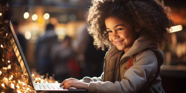 Hübsches schwarzes Schulmädchen lernt während ihres Online-Unterrichts zu Hause Hausaufgaben. Online-Bildungskonzept. Homeschooler. Online-Schule. Zurück zur Schule