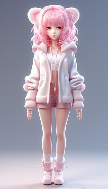 Hübsches und süßes Mädchen mit Katzenohren und Kapuzenpullover. 3D-Illustration im Cartoon-Stil, Ai generiert