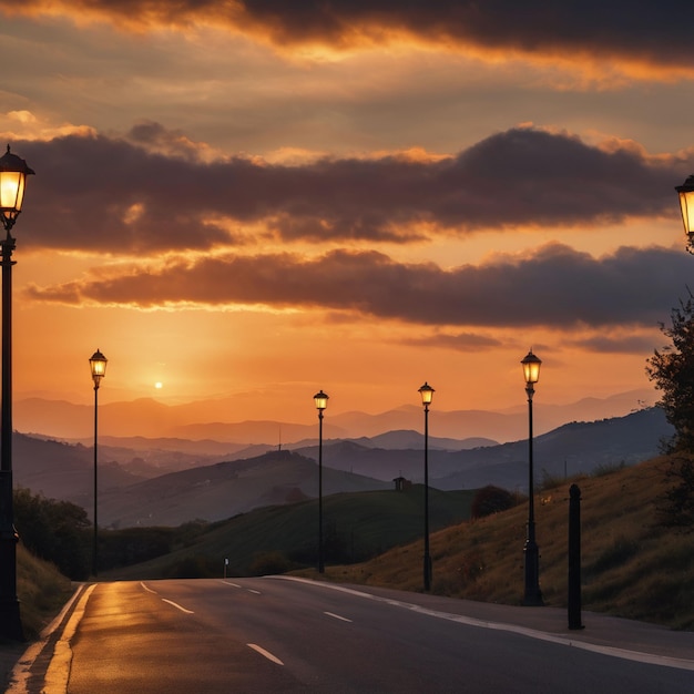 Hügel und Straßenlaternen unter einem bewölkten Himmel bei einem schönen Sonnenuntergang