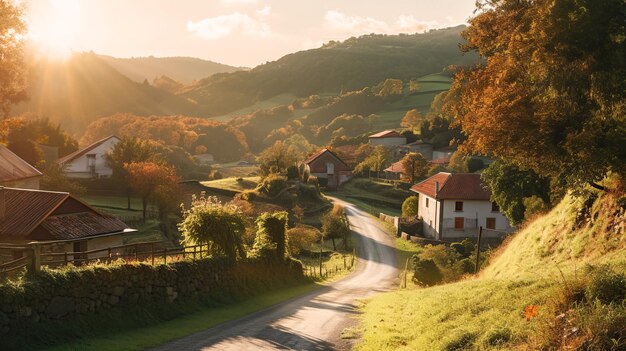 Hügel von Asturien im Oktober Dorfhäuser sichtbar in der Ferne generative KI