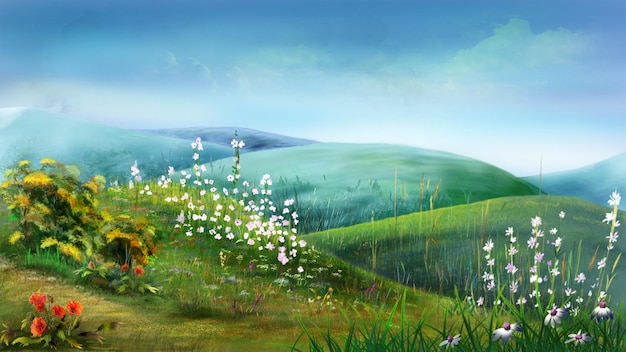 Hügelige Landschaft mit wilden Blumen im Frühling Digital Painting Background Illustration