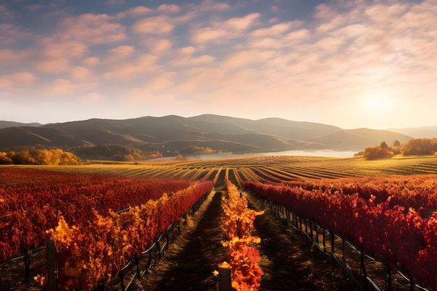 Hügelige Weinberge in ihrer herbstlichen Pracht, die die Essenz der Tagundnachtgleiche in Weinregionen einfangen