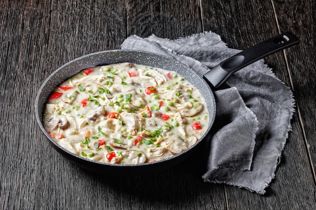 Hühnchen a la King, gekochte Hähnchenbrust in Sahnesauce mit Champignons, grünen Erbsen und gehackten Paprika in einer Pfanne auf einem dunklen Holztisch, horizontale Ansicht von oben