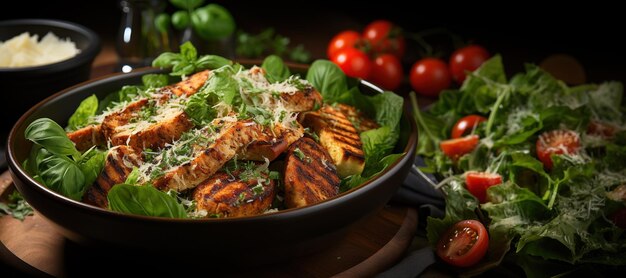 Foto hühnchen-caesar-salat gegrilltes hähnchen, knackige salat-croutons und parmesankäse, alles geschwenkt in caesar-dressing. erstellt mit ki