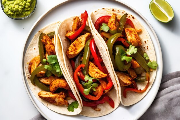 Hühnchen-Fajitas mit Guacamole auf weißem Hintergrund auf weißem Teller, Blick von oben auf generative KI