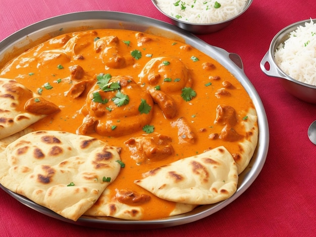 Foto hühnchen-makhani-butter-hähnchen und naan-roti, indisches essen