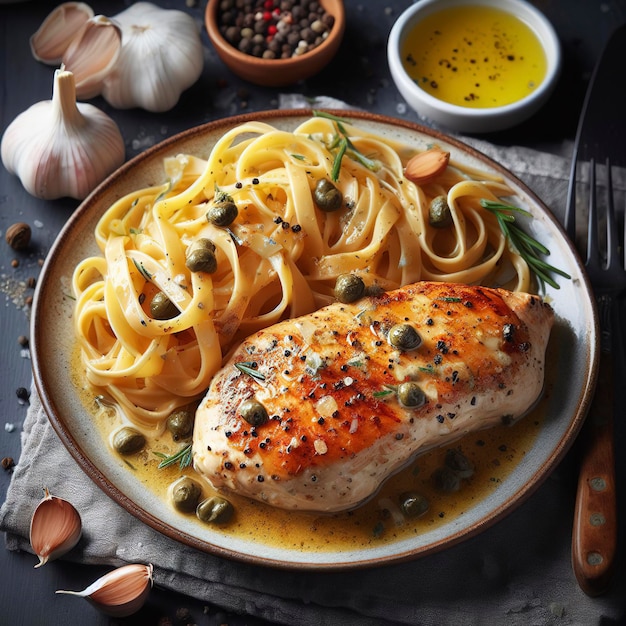 Hühnchen-piccata mit knoblauch-zitronen-sauce und kapern, serviert mit ...