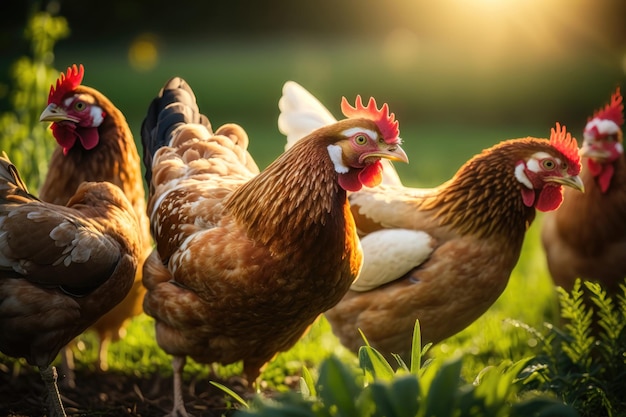 Hühner auf einer traditionellen Freilandgeflügelfarm eine Herde von Hühnern, die auf dem Gras grasen AI-Generation