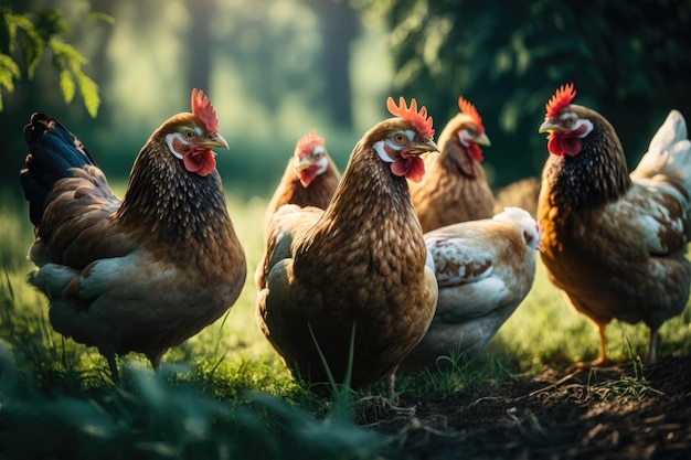 Hühner auf einer traditionellen Freilandgeflügelfarm eine Herde von Hühnern, die auf dem Gras grasen AI-Generation