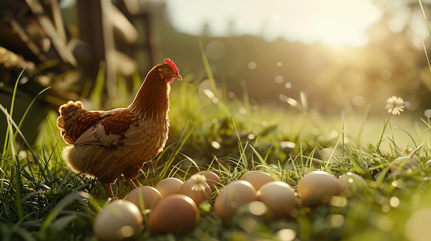 Hühner bewachen eine Eierkupplung inmitten einer sonnigen Weide, was die Entstehung des Lebens bedeutet.