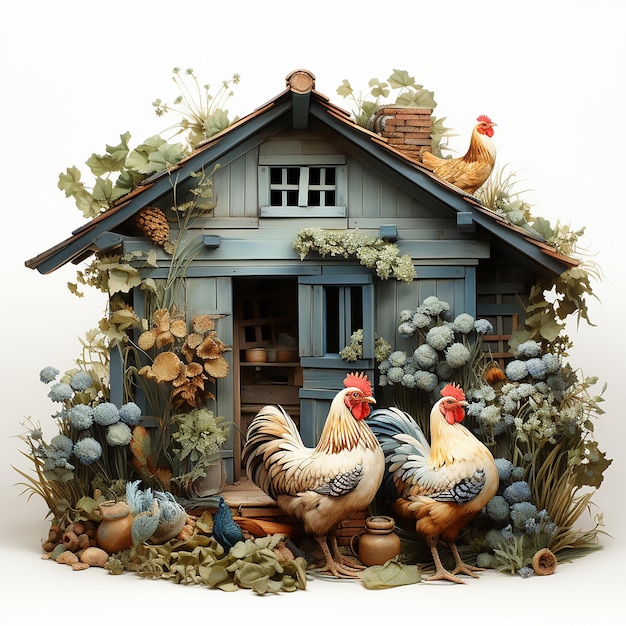 Foto hühner picken getreide in einem hühnerhaus