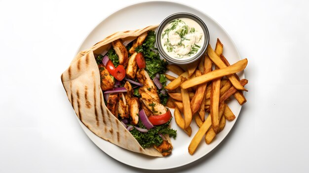 Hühner-Pita-Sandwich mit Pommes Frites und Feta-Käse mit Lacinato Kale Rote Zwiebel Tomate in Pita-Brot