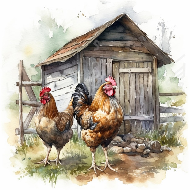 Hühner stehen vor einem Stall mit einer Holztür zur generativen KI