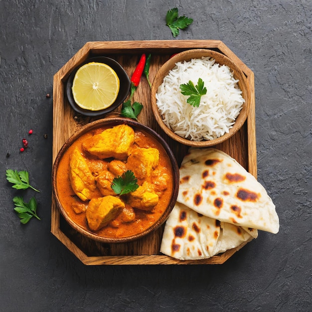 Foto hühner tikka masala scharfes curry fleisch essen butter hühner mit reis und nan brot auf dunklem hintergrund