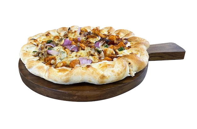 Hühner-Tikka-Pizza mit weißem Hintergrund