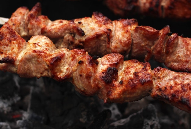 Hühner- und Putenfleisch am Spieß gebraten auf dem Grill in der Natur