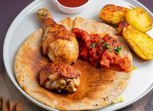 Hühnerbeine auf Flachbrot, ein Teller Kartoffeln und Tomatensauce