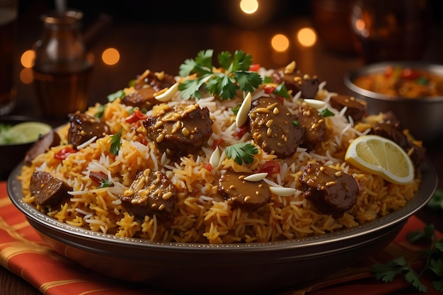 Foto hühnerbiryani mit reis und gemüse traditionelles indisches essen