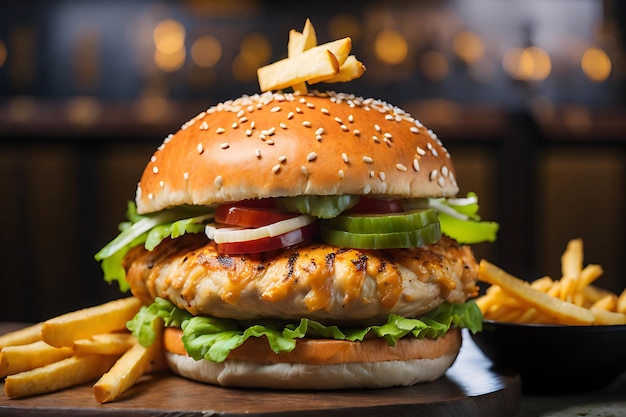 Hühnerburger mit Pommes Frites auf dem Tisch