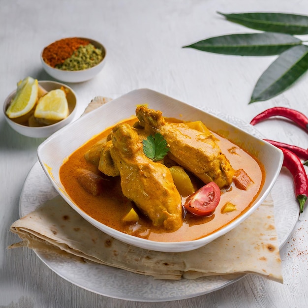 Hühnercurry im malaysischen Stil mit Kartoffeln kari ayam selektiver Fokus weißer Hintergrund