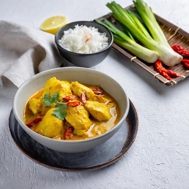 Hühnercurry im malaysischen Stil mit Kartoffeln kari ayam selektiver Fokus weißer Hintergrund