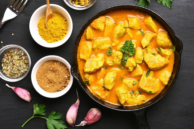 Foto hühnercurry in der bratpfanne