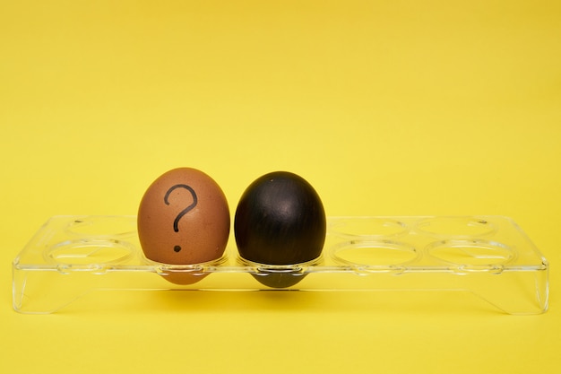 Hühnereier in einem Eierstand. Ein halbes Ei, Eigelb, Schale. Emotionen und Mimik auf Eiern, ein Fragezeichen auf einem Ei. Schwarzes Ei.