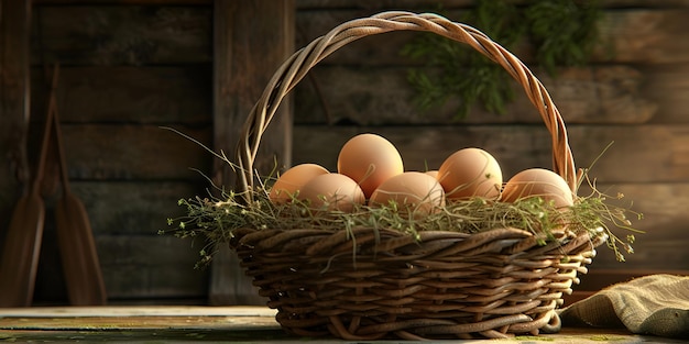 Hühnereier in einem Nest aus Heu und Schlammkorb mit Backsteinwandhintergrund