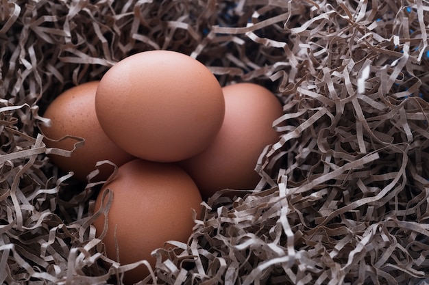 Foto hühnereier in einem nest aus papier