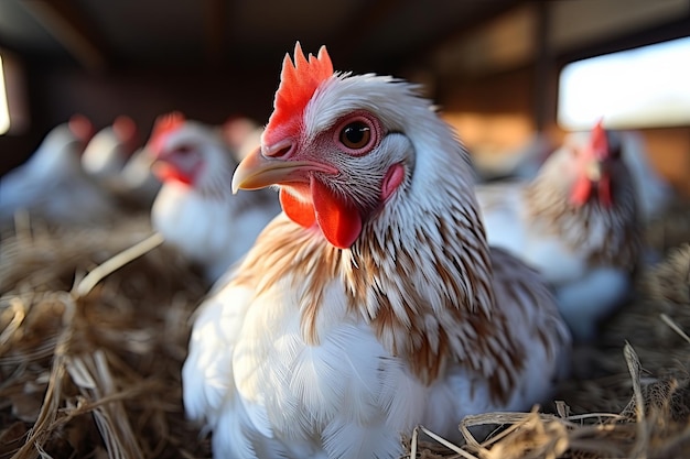 Hühnerfarm mit Hühnern aus der Nähe Geflügelfarm Moderne Viehzucht und Landwirtschaft Generative KI