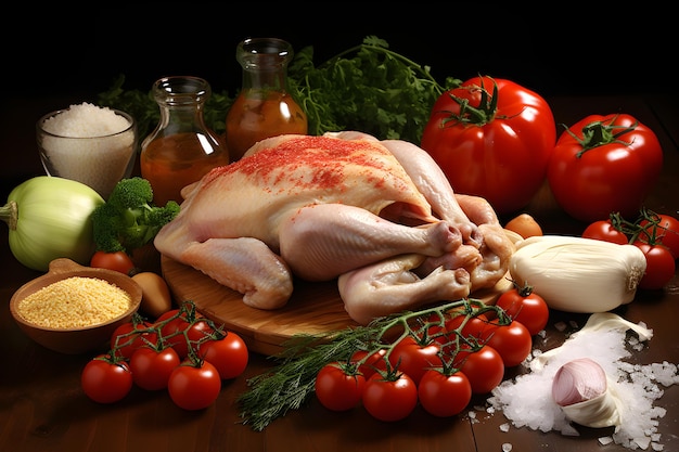 Hühnerfleisch frisches Gemüse und Gewürze bereit zum Kochen Generative KI