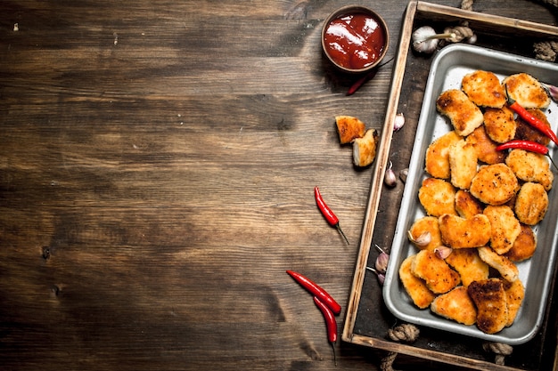 Hühnernuggets auf einem Stahltablett mit Sauce.