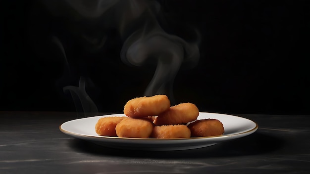 Hühnernuggets in einem Teller auf schwarzem Hintergrund neben Rauch